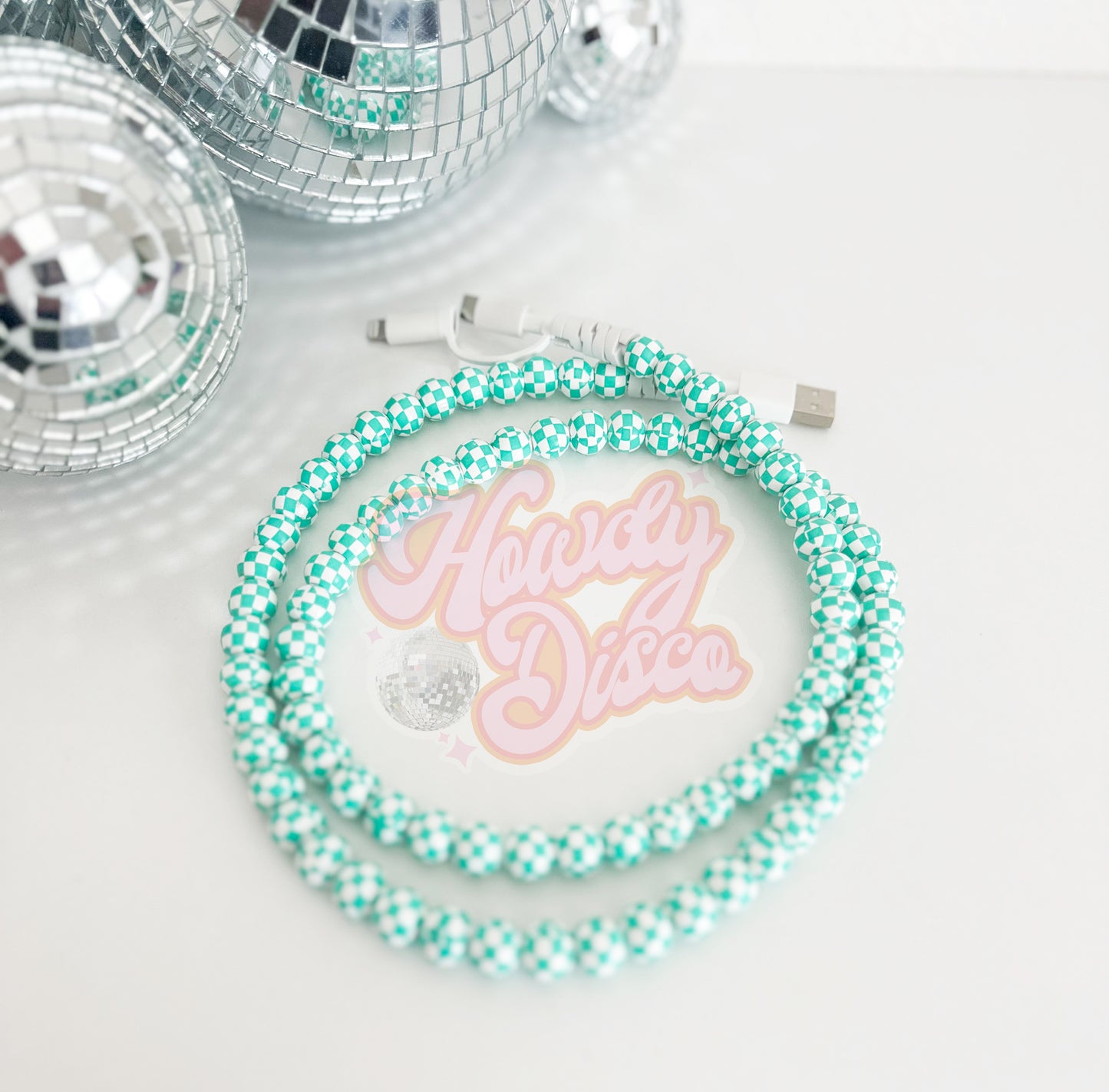 Beaded Checkered Turquoise Phone Charging Cord