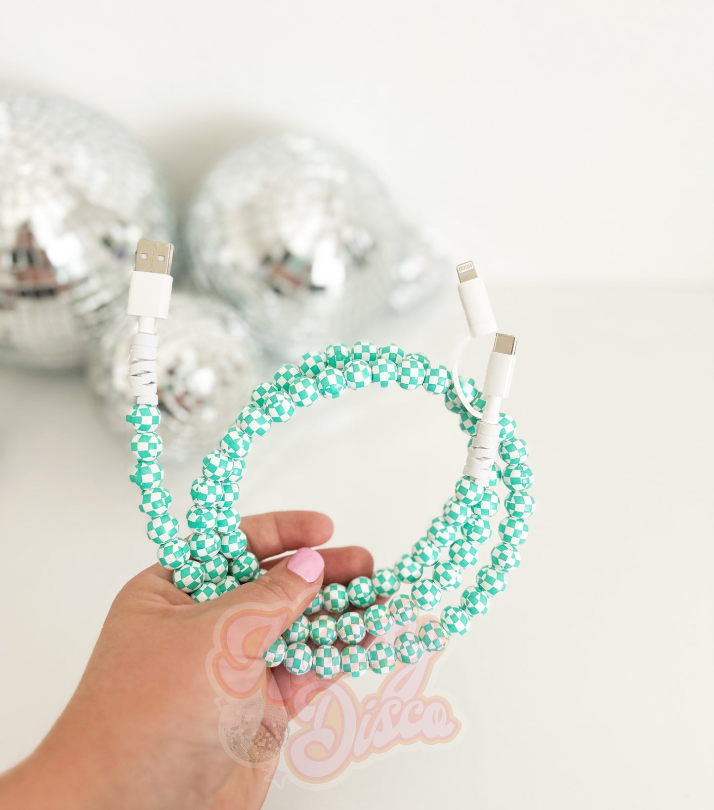 Beaded Checkered Turquoise Phone Charging Cord