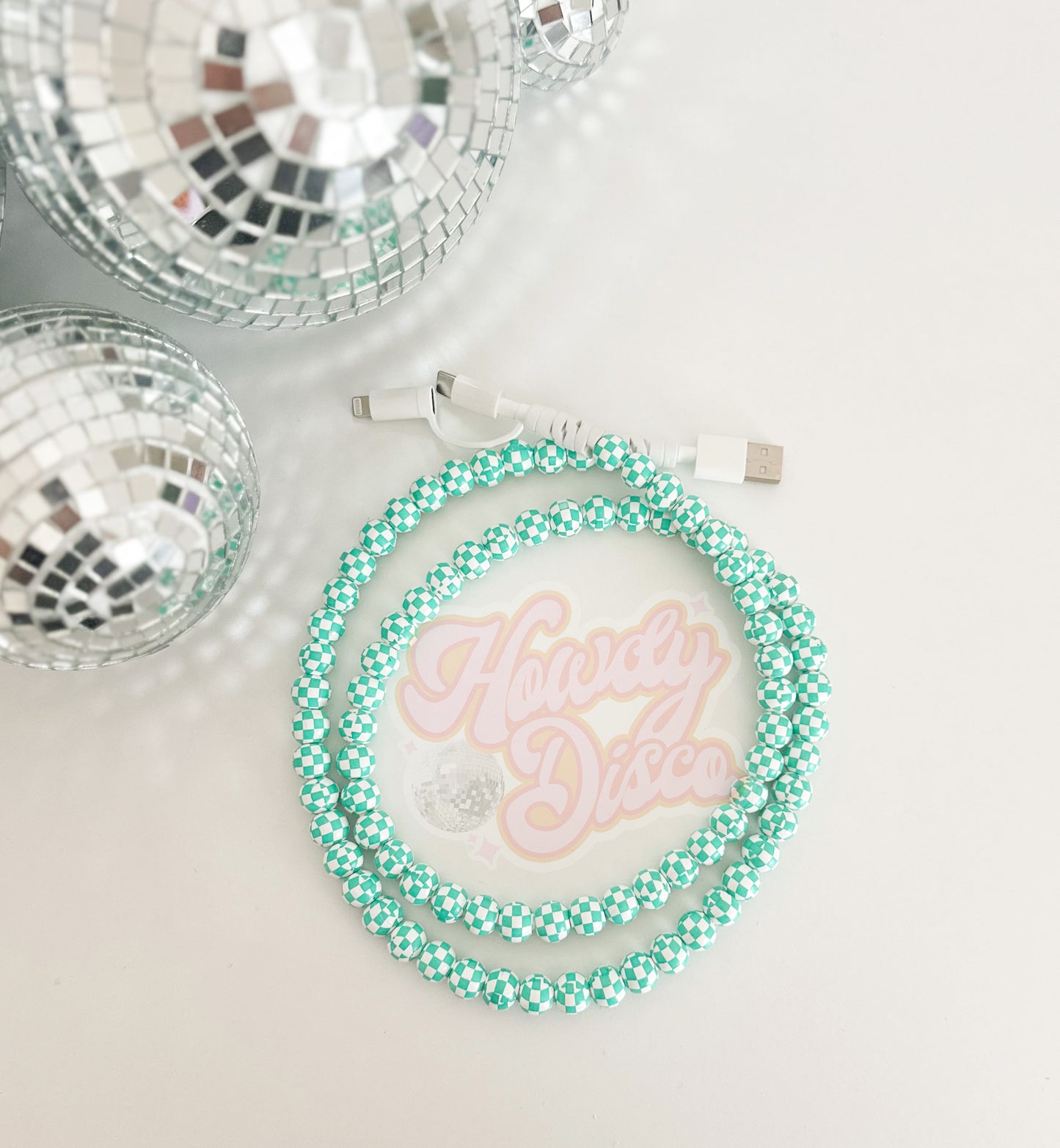 Beaded Checkered Turquoise Phone Charging Cord